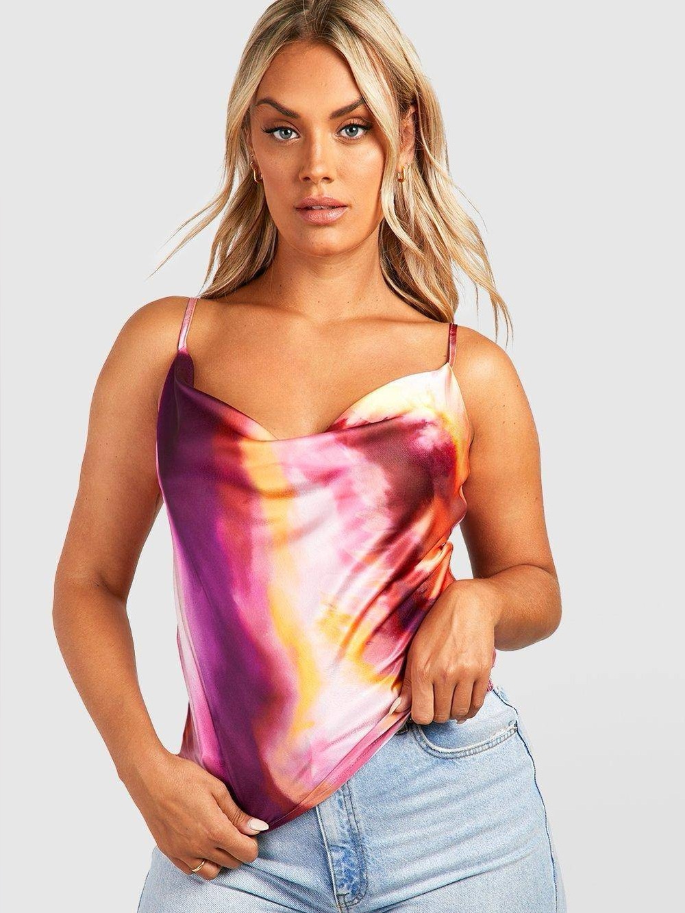 NWT Boohoo Plus Satin Marble Print Cowl Neck Cami Top Sz US 16 Purple Multi